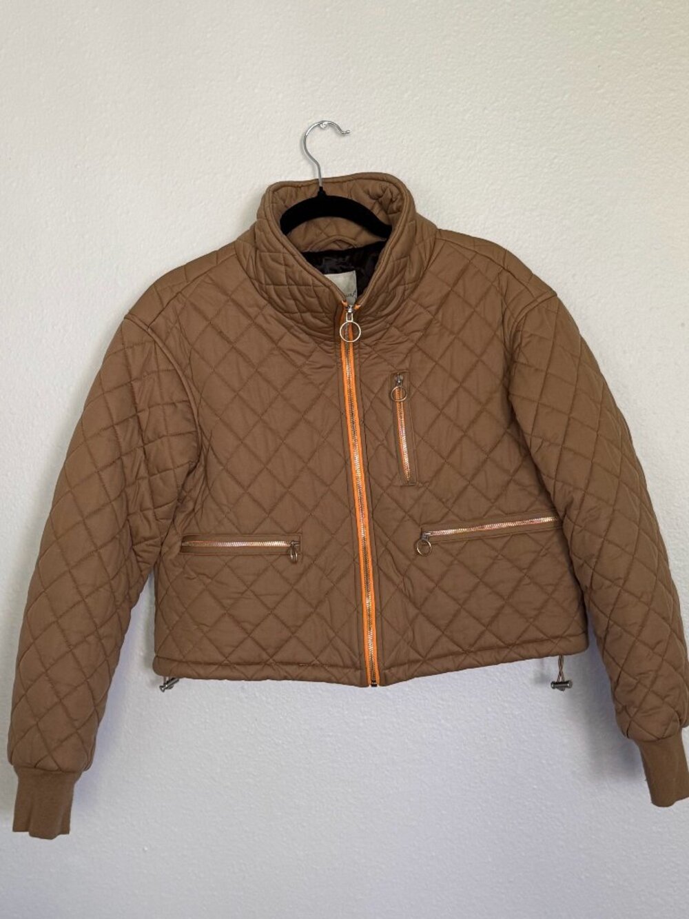Avec Les Filles Quilted Cropped Jacket Small S Tan Orange Trim Puffer Anthropolo
